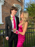 Modest Fuchsia V Neck Satin Long Evening Dress, Formal Gown Y3096 by simplepromdress