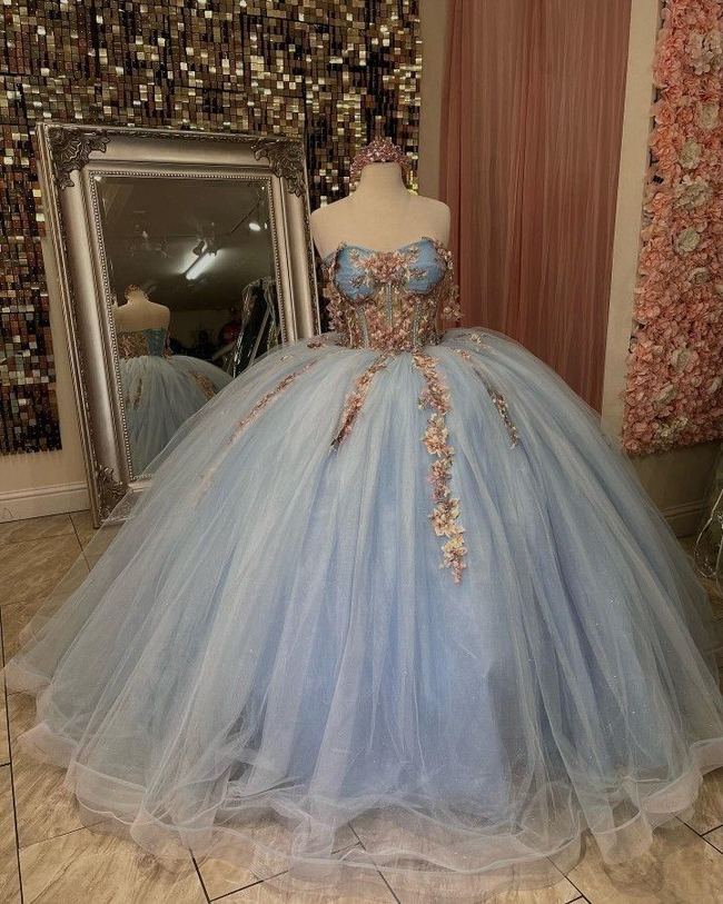 Ball Gown Quinceanera Dress Sweetheart Appliques Flowers Princess Sweet 16 Gown Y2613 Hover Image
