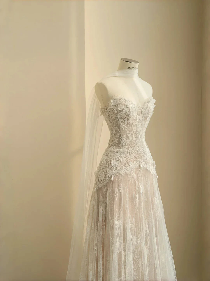 Pretty Strapless Tulle Lace Long A Line Wedding Dress,Formal Prom Evening Dress Y8686 by simplepromdress