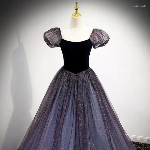 Vestido formal de tul morado de manga corta, bonito vestido de noche de corte A Y4291
