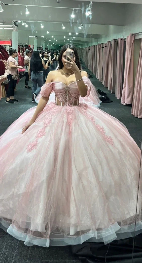 Pink Off The Shoulder Tulle Ball Gown,Pink Sweet 16 Dress Y5468 by simplepromdress