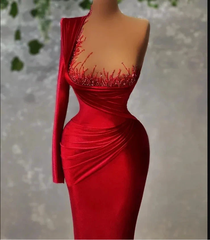 Modern Velvet One Shoulder Beaded Red Carpet Dresses Evening Gowns Women Mermaid Prom Dress Y1907 by simplepromdress