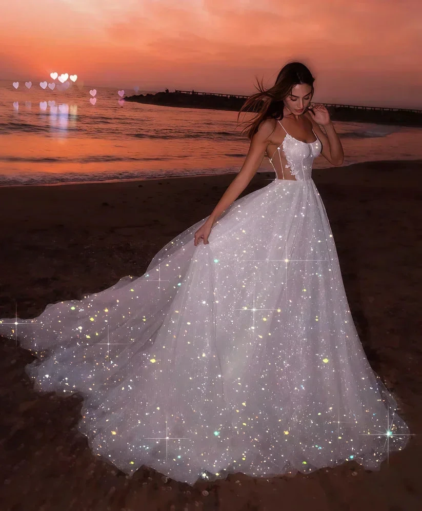 Glitter White Sequin Tulle Prom Evening Dress, A-line Sleeveless Beach Long Wedding Gown Y8011 by simplepromdress