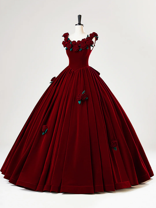 Beautiful Burgundy Velvet Quinceanera Dress Birthday Ball Gown With Rose Flowers Y7750 Main Image