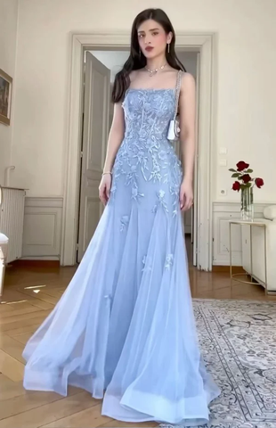 Classy Blue Tulle Appliques Mermaid Evening Dress Long Prom Dress Y8156