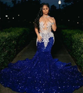 Royal Blue Sequins Mermaid Evening Dress With Sheer Neck Plus Size Formal Evening Occasion Gowns Y6358 by simplepromdress
