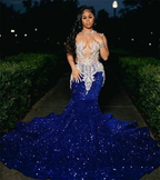 Royal Blue Sequins Mermaid Evening Dress With Sheer Neck Plus Size Formal Evening Occasion Gowns Y6358 by simplepromdress