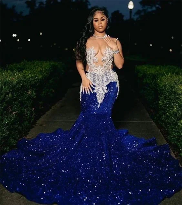 Royal Blue Sequins Mermaid Evening Dress With Sheer Neck Plus Size Formal Evening Occasion Gowns Y6358 by simplepromdress