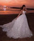 Glitter White Sequin Tulle Prom Evening Dress, A-line Sleeveless Beach Long Wedding Gown Y8011 by simplepromdress