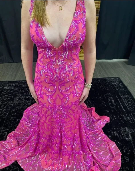 Luxury Deep V Neck Mermaid Evening Dress Pink Formal Prom Dress Y7819 by simplepromdress