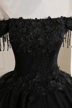 Black Off Shoulder Tulle Ball Gown With Lace Sweet 16 Dress, Black Long Evening Dress Y1143 by simplepromdress