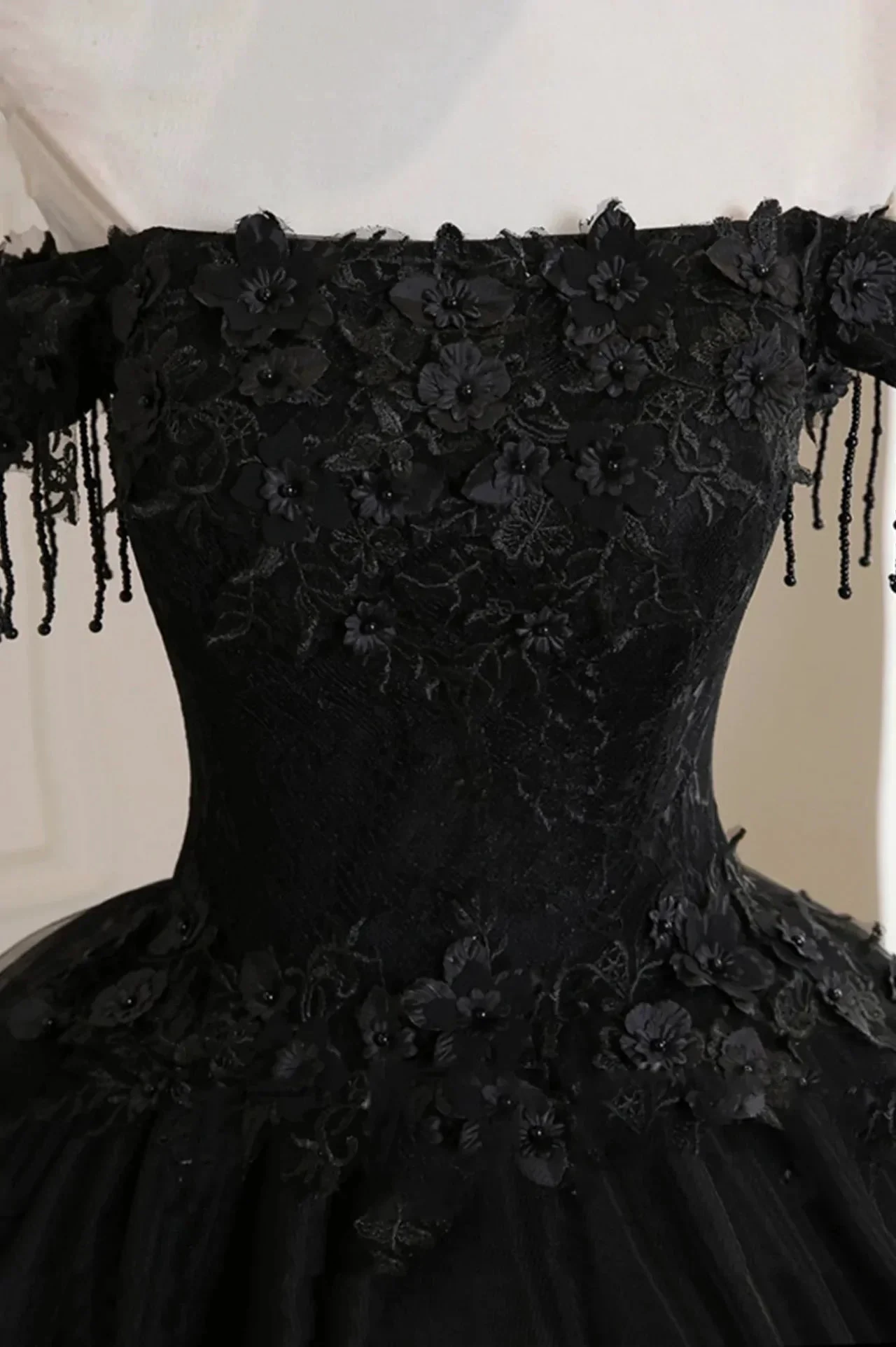 Black Off Shoulder Tulle Ball Gown With Lace Sweet 16 Dress, Black Long Evening Dress Y1143 by simplepromdress