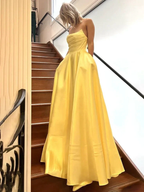 Sage Green Strapless Satin Pleated A-line Long Prom Dress Evening Gown Y7905 by simplepromdress