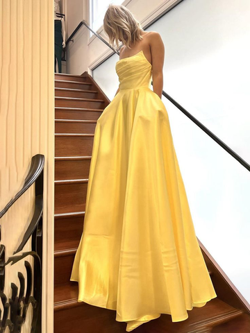 Sage Green Strapless Satin Pleated A-line Long Prom Dress Evening Gown Y7905