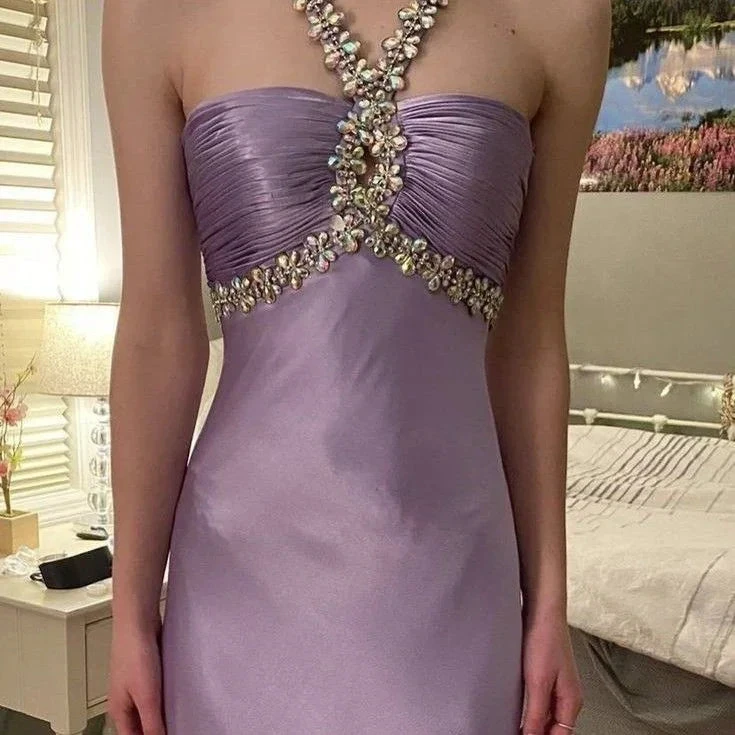 Lilac satin dress with beaded straps and ruched bodice in elegant bedroom, ZAPDRESS fashion