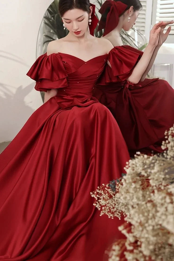 Red Ball Gown with Bell Sleeves and Lace UP Back Y6067 by simplepromdress
