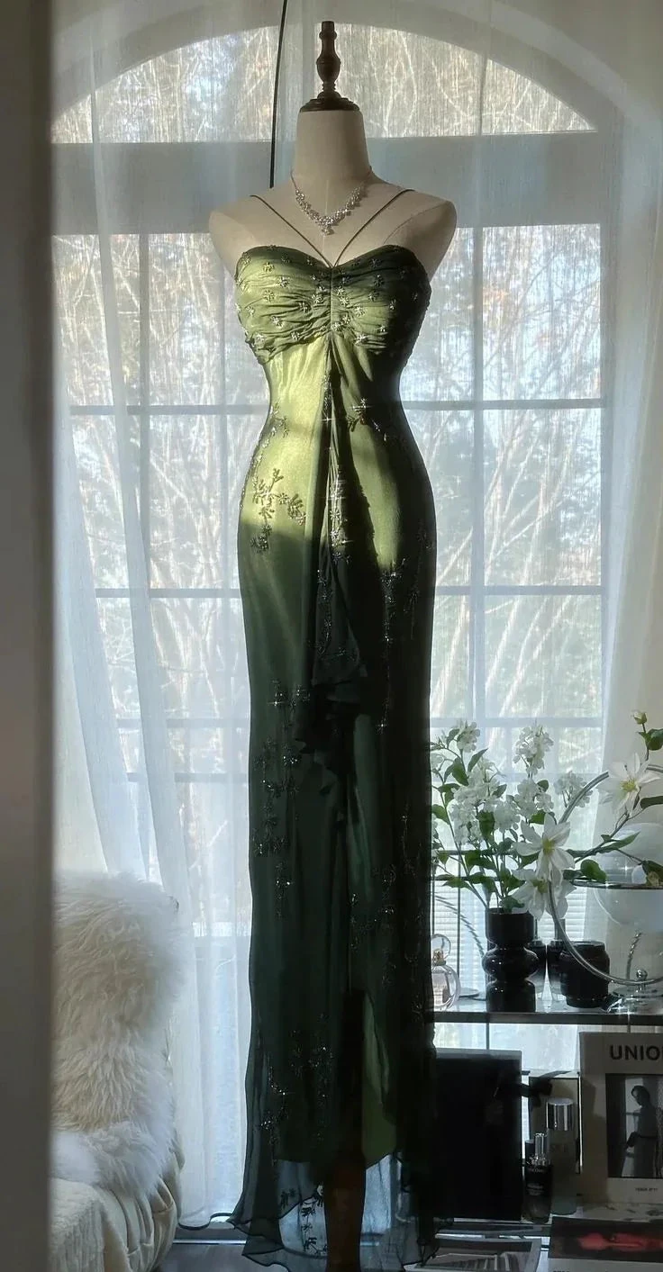 Vintage Dark Green Bodycon Satin Beaded Prom Dress Long Evening Dress Y8557 by simplepromdress