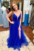 V Neck Backless Blue Tulle Long Prom Dress with High Slit, Backless Blue Formal Graduation Evening Dress Y218 by simplepromdress