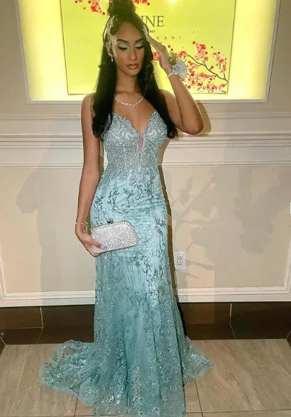 Charming Spaghetti Straps Lace Appliques Evening Dress Mermaid Prom Dress Y7921 by simplepromdress