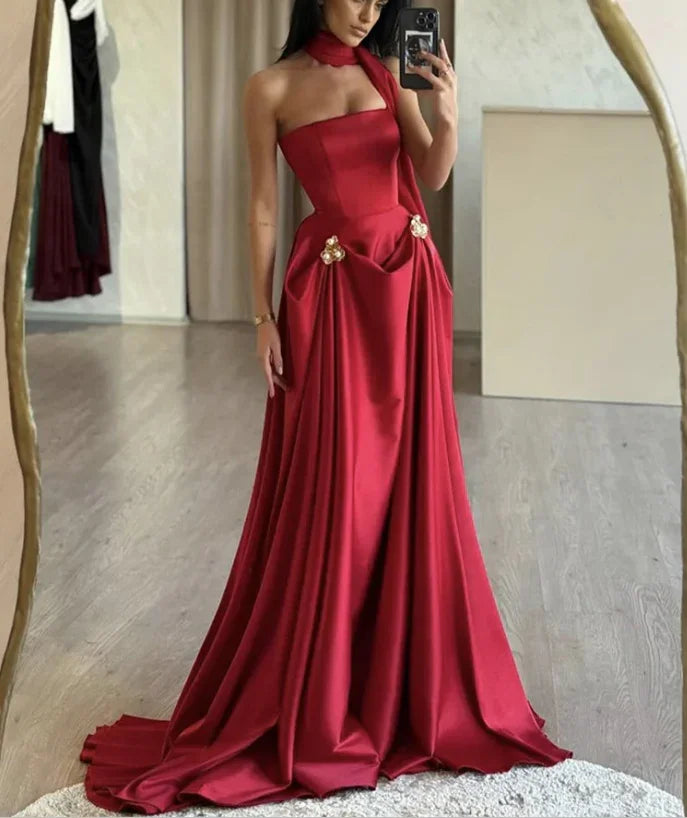 Charming A-Line Satin Burgundy Long Prom Dress Strapless Evening Dress Y8046 by simplepromdress