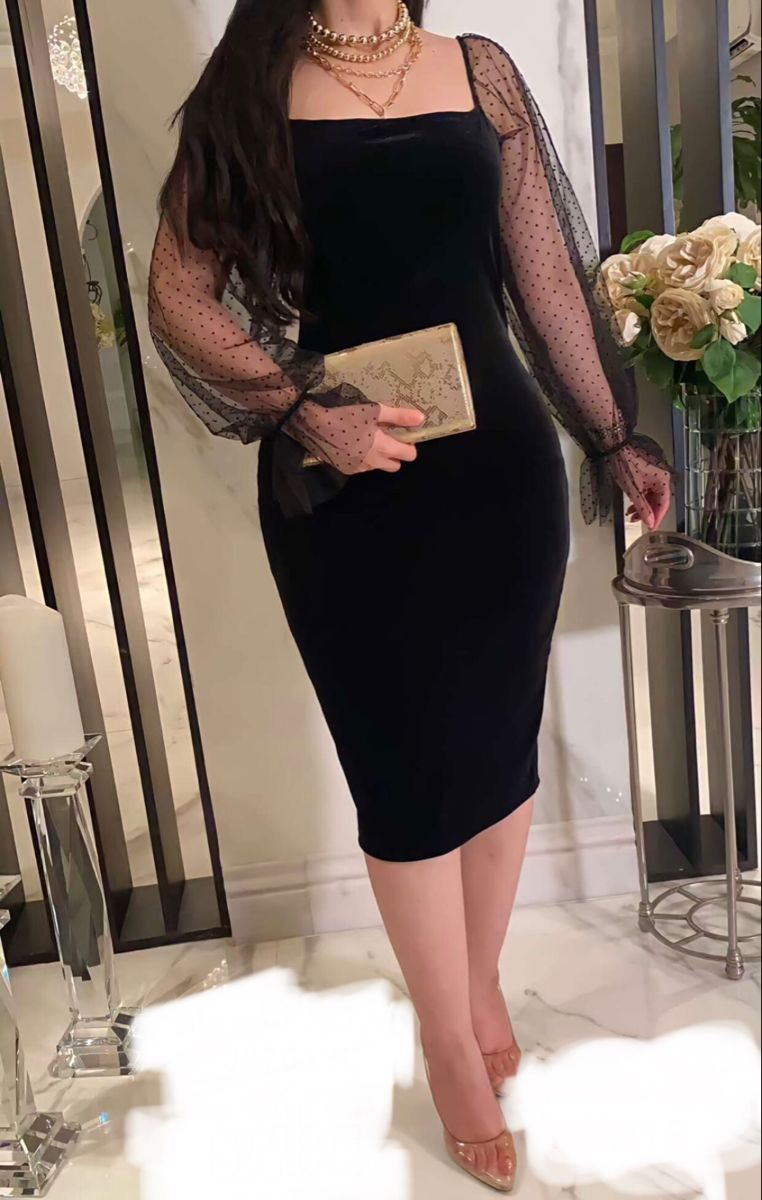 Women Elegant Lantern Sleeve Mesh Patchwork Midi Formal Party Dress Black Short Homecoming Dress Y5529