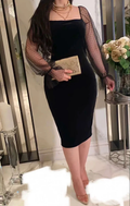 Women Elegant Lantern Sleeve Mesh Patchwork Midi Formal Party Dress Black Short Homecoming Dress Y5529 by simplepromdress
