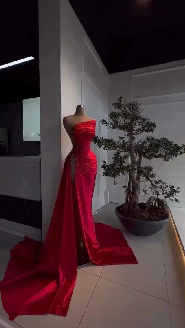 Charming Red Satin Long Evening Dress with High Slit Y4115 by simplepromdress