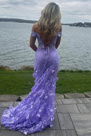 Gorgeous Off-Shoulder V-Neck Lace Appliques Mermaid Prom Dress Slit Birthday Evening Gown Y7934
