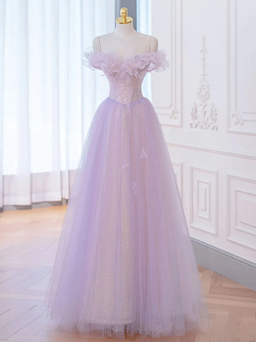 A-Linie Lila Off Shoulder Langes Ballkleid, Lila Abendkleider Y1783
