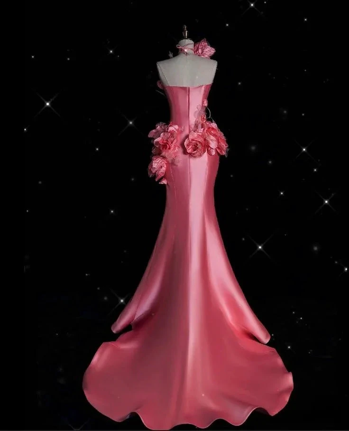Pretty Pink Satin 3D Flowers Mermaid Prom Dress Long Evening Dress Y8339 by simplepromdress