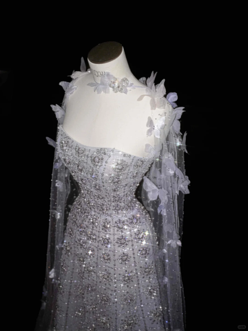 Pretty Lilac Tulle Beaded Appliques A Line Prom Evening Dress Formal Evening Dress Y8657