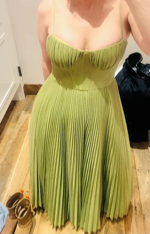 Classy Spaghetti Straps Pleated Tulle Green Midi Prom Dress A Line Evening Dress Y8452 by simplepromdress