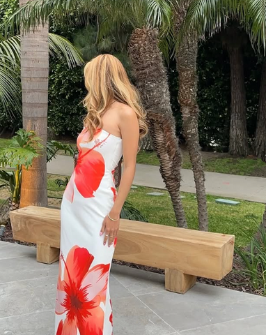 Beautiful Strapless Satin Print Floral Prom Dress Sheath Evening Dress Y8239