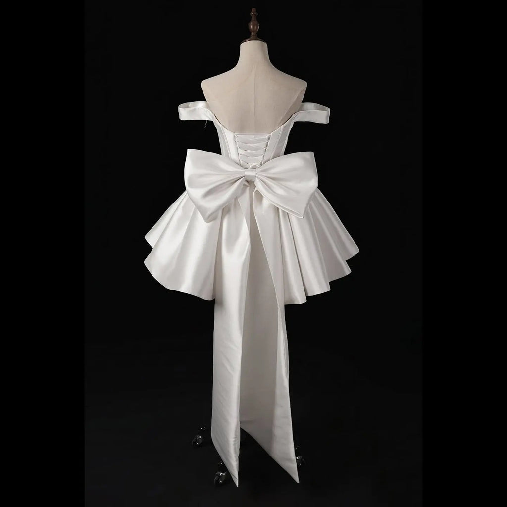 Elegant Lvory Off-the-Shoulder Satin Wedding Dress with Large Bow SW720