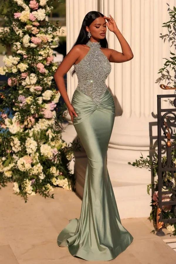Glamorous Dusty Sage Long Mermaid High Neck Satin Sleeveless Lace Prom Dress by BIZTUNNEL