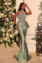 Glamorous Dusty Sage Long Mermaid High Neck Satin Sleeveless Lace Prom Dress by BIZTUNNEL