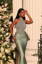 Glamorous Dusty Sage Long Mermaid High Neck Satin Sleeveless Lace Prom Dress by BIZTUNNEL