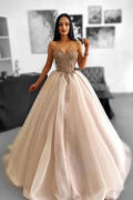 Glamorous Long A-line Beading Sleeveless Tulle Sweetheart Prom Dresses with Lace by misshow.com