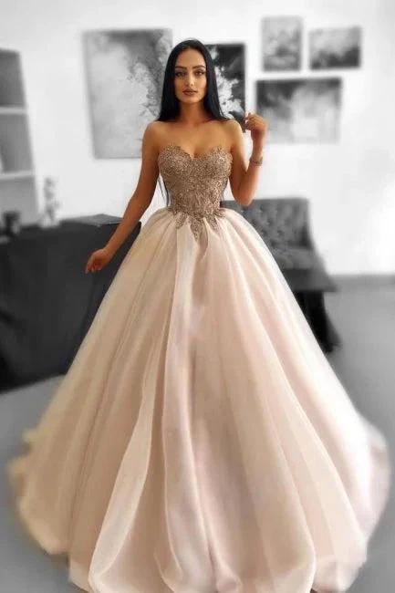 Glamorous Long A-line Beading Sleeveless Tulle Sweetheart Prom Dresses with Lace by misshow.com