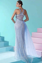 Glamorous Long Blue Mermaid Beading Sleeveless Tulle Prom Dress With Slit by misshow.com