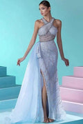 Glamorous Long Blue Mermaid Beading Sleeveless Tulle Prom Dress With Slit by misshow.com