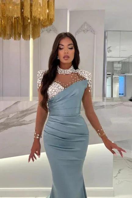 Glamorous Long Blue Mermaid High Neck Glitter Satin Prom Dress With Long Sleeves by misshow.com