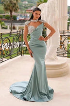 Glamorous Long Blue Mermaid High Neck Glitter Satin Prom Dress With Long Sleeves by misshow.com