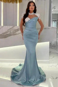 Glamorous Long Blue Mermaid High Neck Glitter Satin Prom Dress With Long Sleeves by misshow.com
