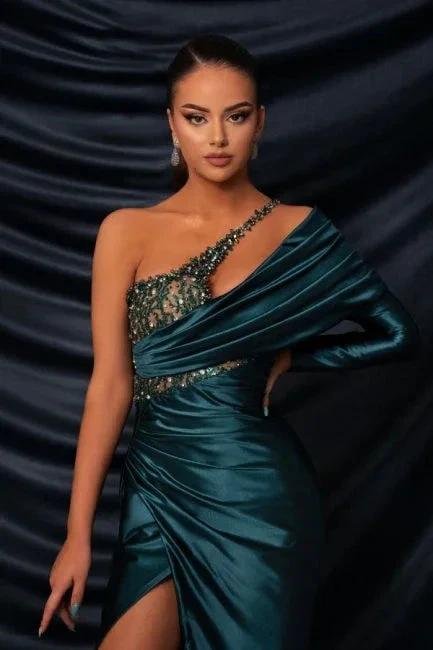 Glamorous Long Dark Green One Shoulder Beading Lace Long Sleeve Prom Dress with Slit by misshow.com