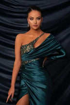 Glamorous Long Dark Green One Shoulder Beading Lace Long Sleeve Prom Dress with Slit by misshow.com