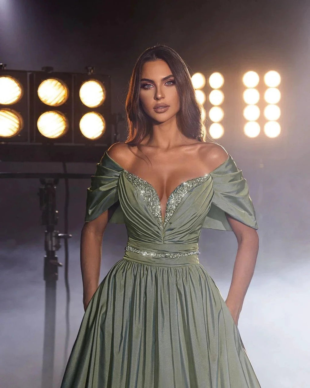 Glamorous Long Dusty Sage A-line Off-the-shoulder Beading Sequined Prom Dress by misshow.com