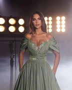 Glamorous Long Dusty Sage A-line Off-the-shoulder Beading Sequined Prom Dress by misshow.com