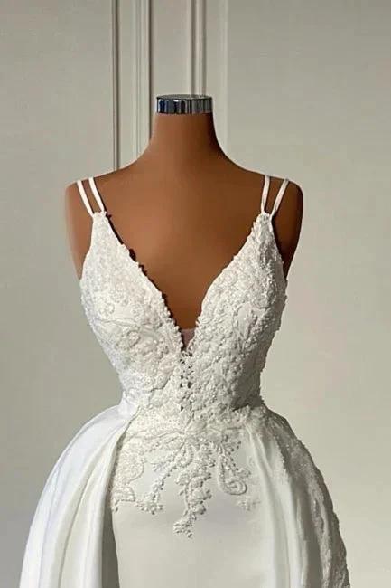 Glamorous Long Ivory A-line V-neck Sleeveless Lace Wedding Dress by misshow.com