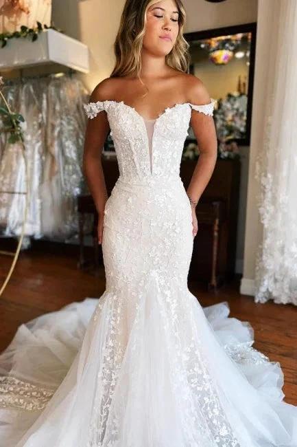 Glamorous Long Mermaid Off-the-shoulder Lace Sleeveless Wedding Dress with Train by misshow.com
